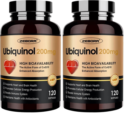 Main product image: ZEBORA Ubiquinol CoQ10 200mg softgels, pack of 2, 120 softgels