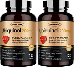 Main product image: ZEBORA Ubiquinol CoQ10 200mg softgels, pack of 2, 120 softgels