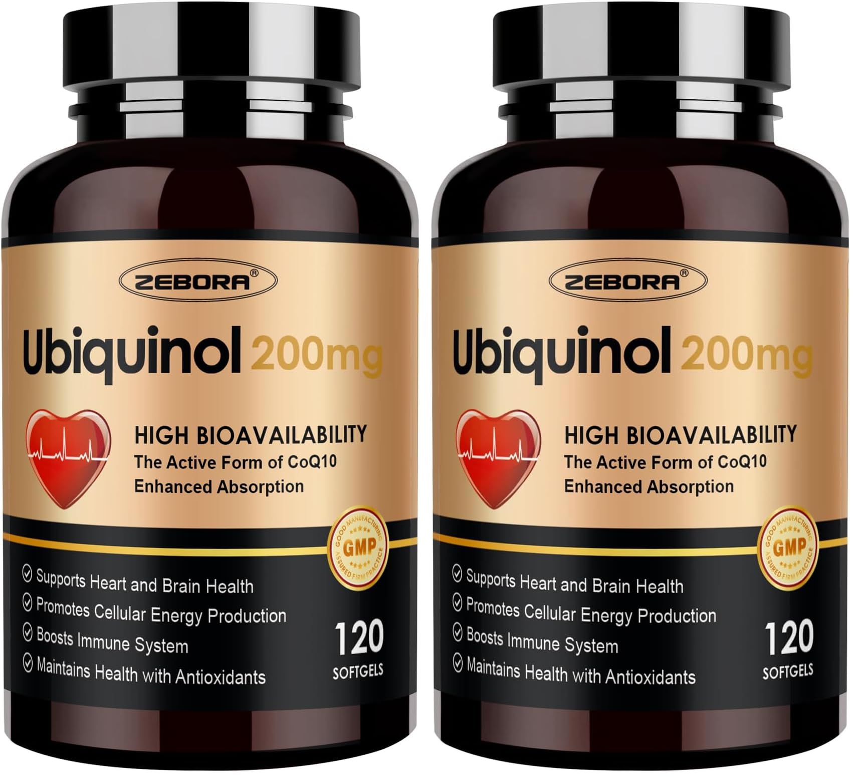 ZEBORA ubiquinol CoQ10 bottle with emphasis on absorption and daily energy use