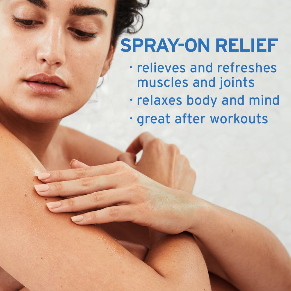 Person applying magnesium spray to shoulder for calming relief