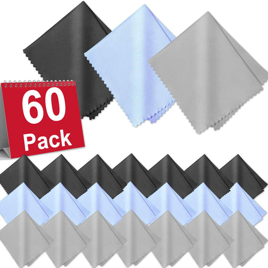 Zeefpod 60-pack microfiber cloths for glasses and screens – 6x7 inches, black/grey/light blue, flat lay
