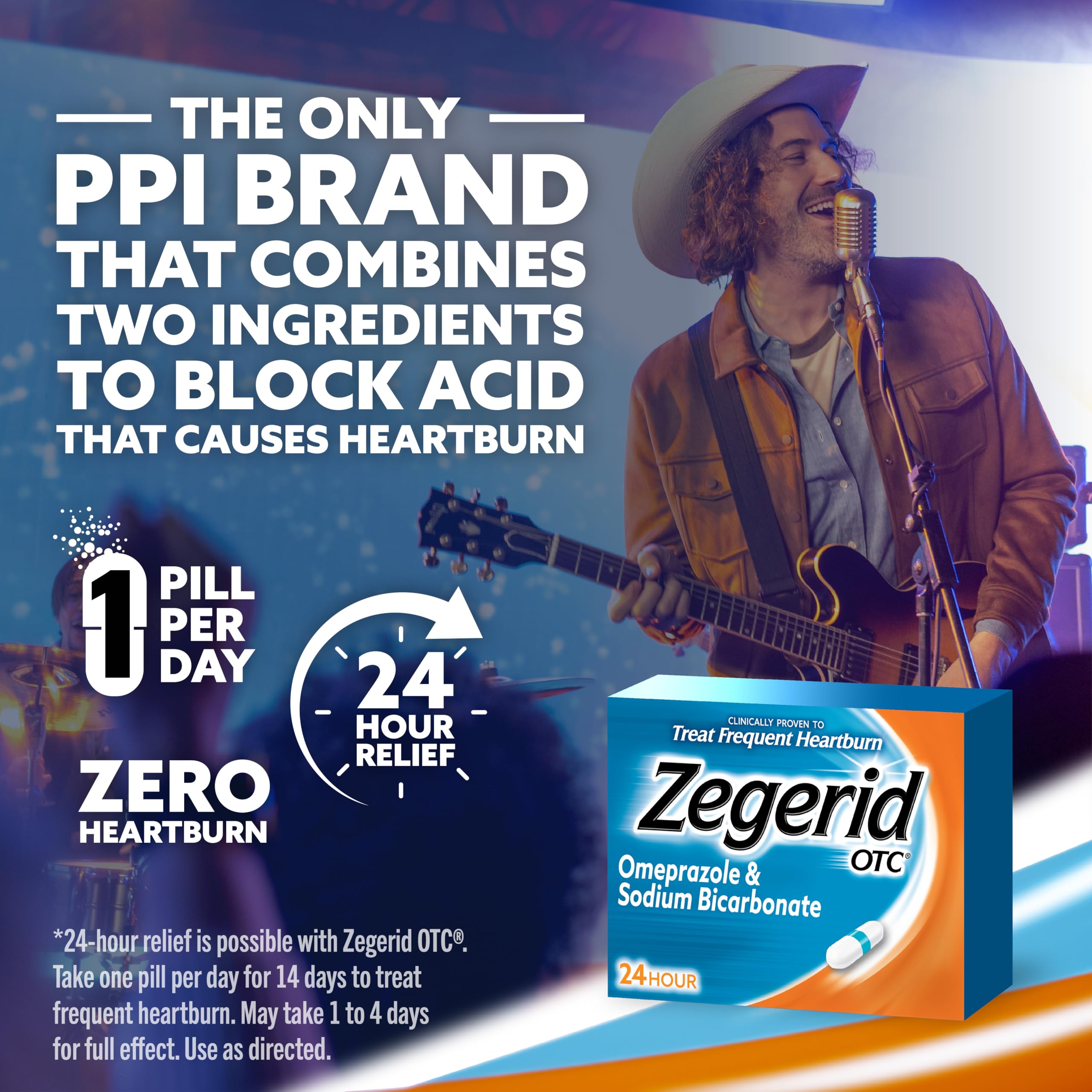 Zegerid OTC 24-hour relief concept illustrated by packaging.