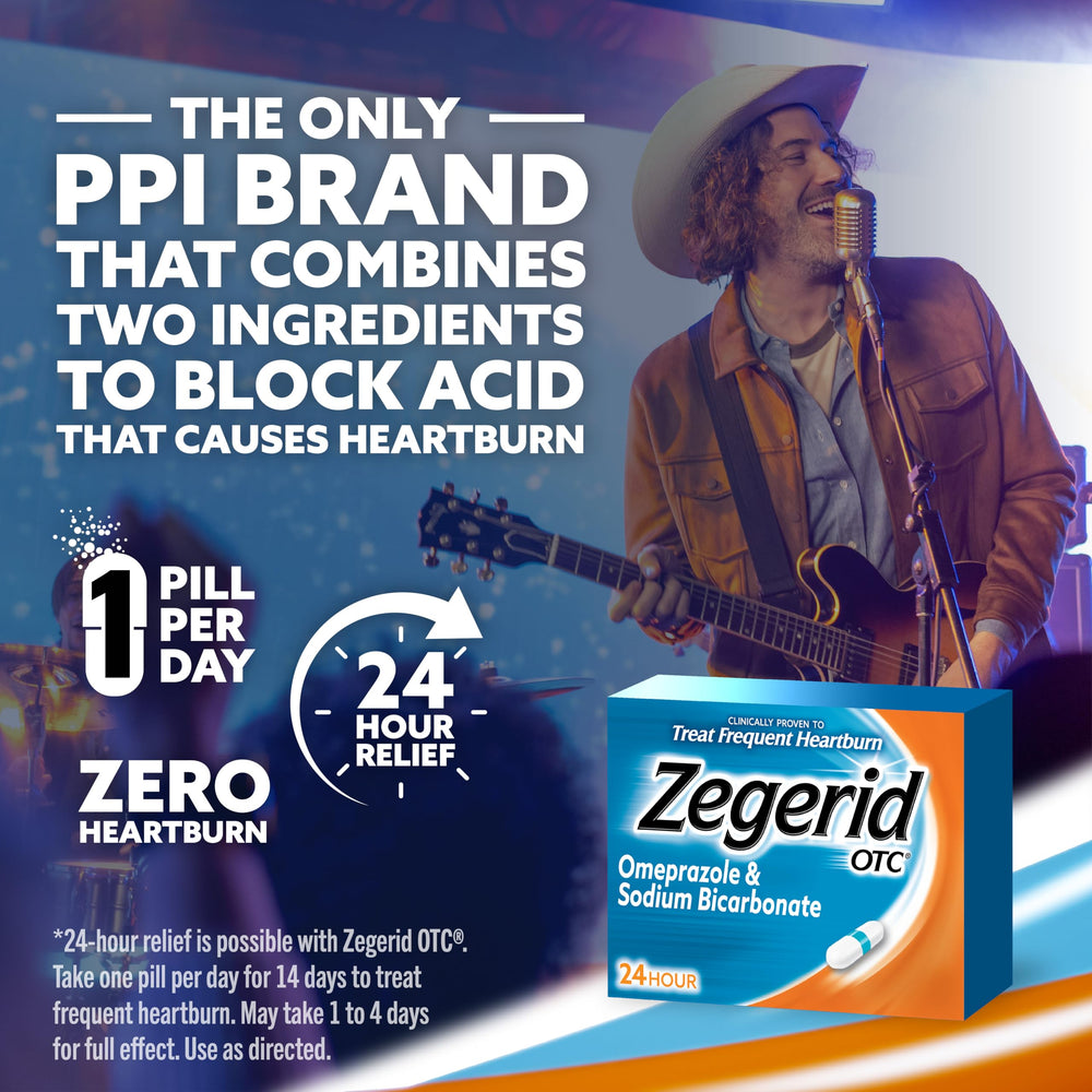 Zegerid OTC 24-hour relief concept illustrated by packaging.