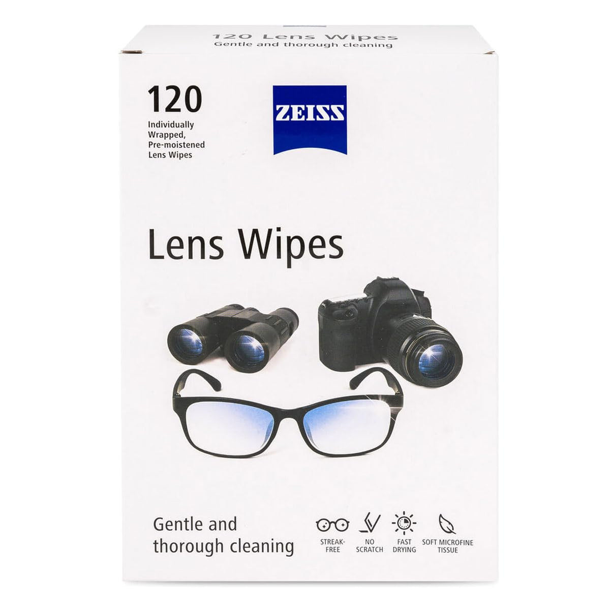 ZEISS 120-count box of lens cleaning wipes with label 000000-2451-374