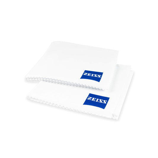 Two ZEISS microfiber cleaning cloths laid flat