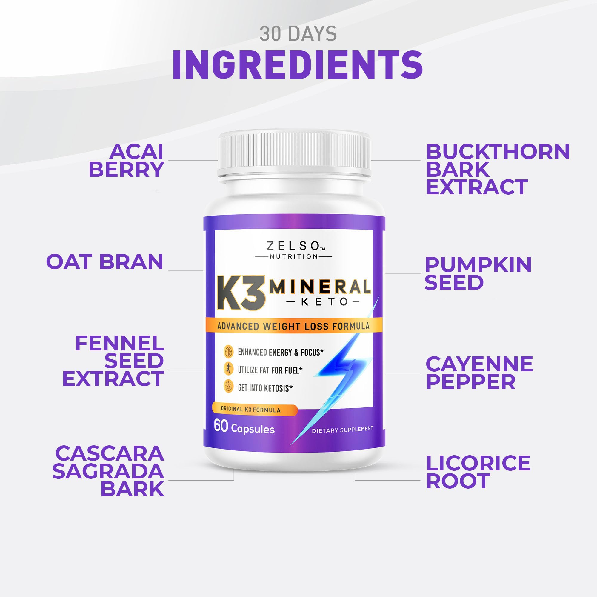 Close-up of Zelso K3 Mineral Pills bottle label