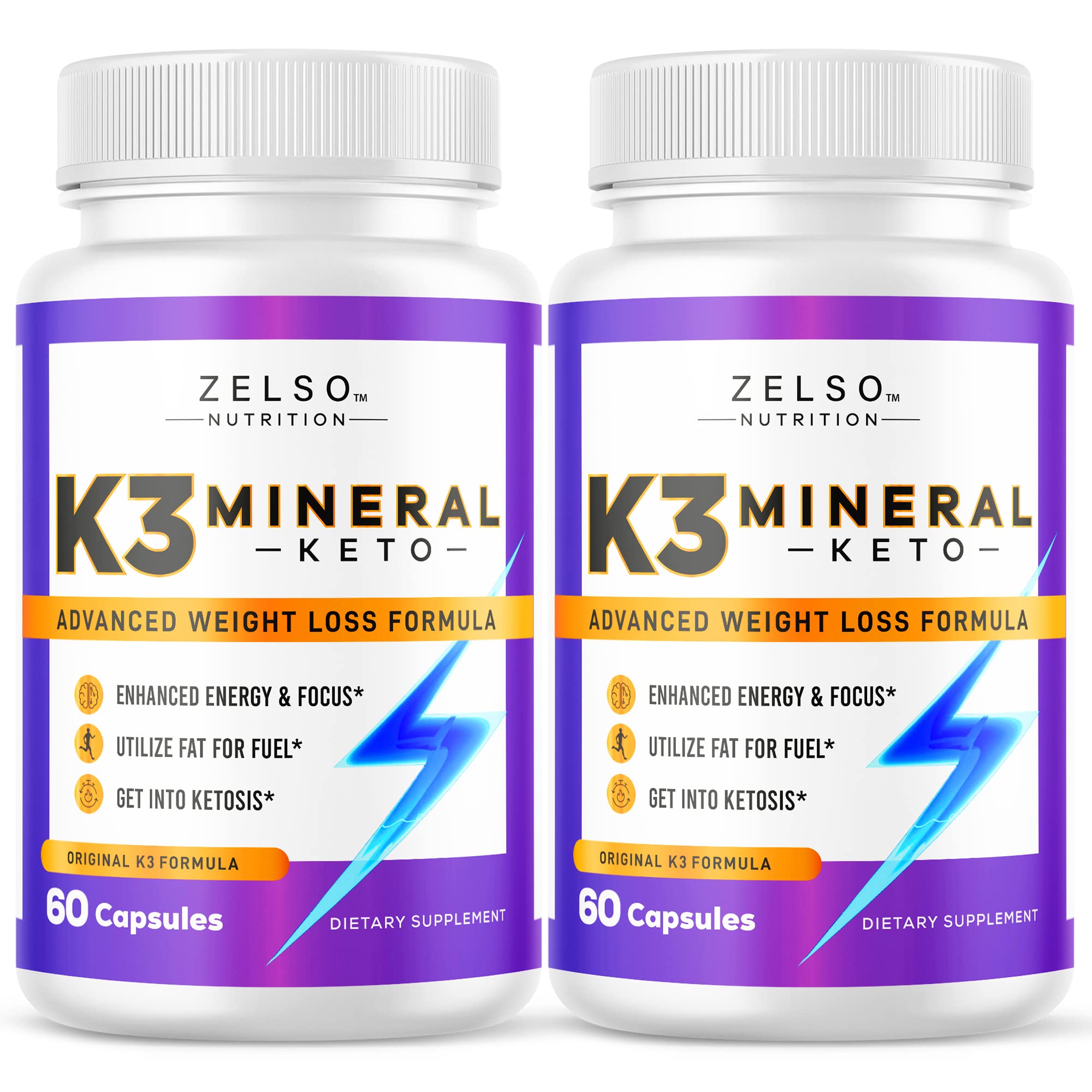 ZELSO K3 mineral pills bottle front, showcasing vegan, USA-made formula for keto-friendly energy.
