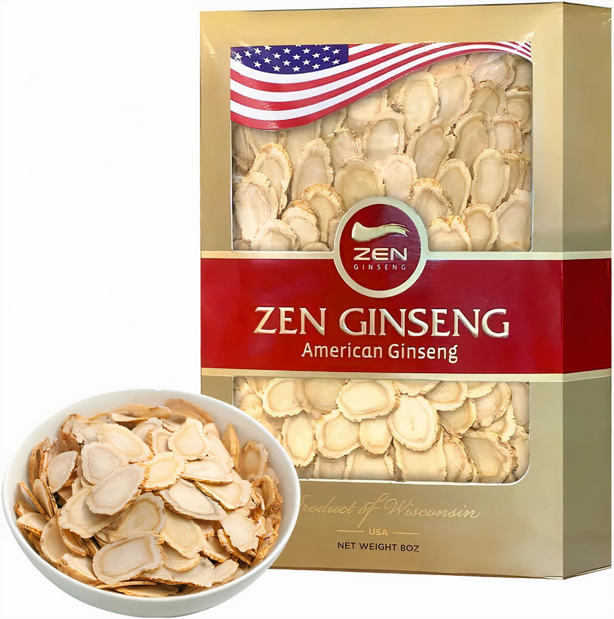 Front view of Zen American Wisconsin Ginseng Slices 8oz box