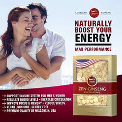 Ginseng slices arranged next to the box label
