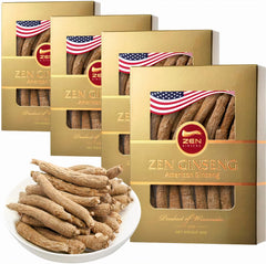 Zen Ginseng four-box packaging shows premium American Wisconsin ginseng, ideal for daily energy support.