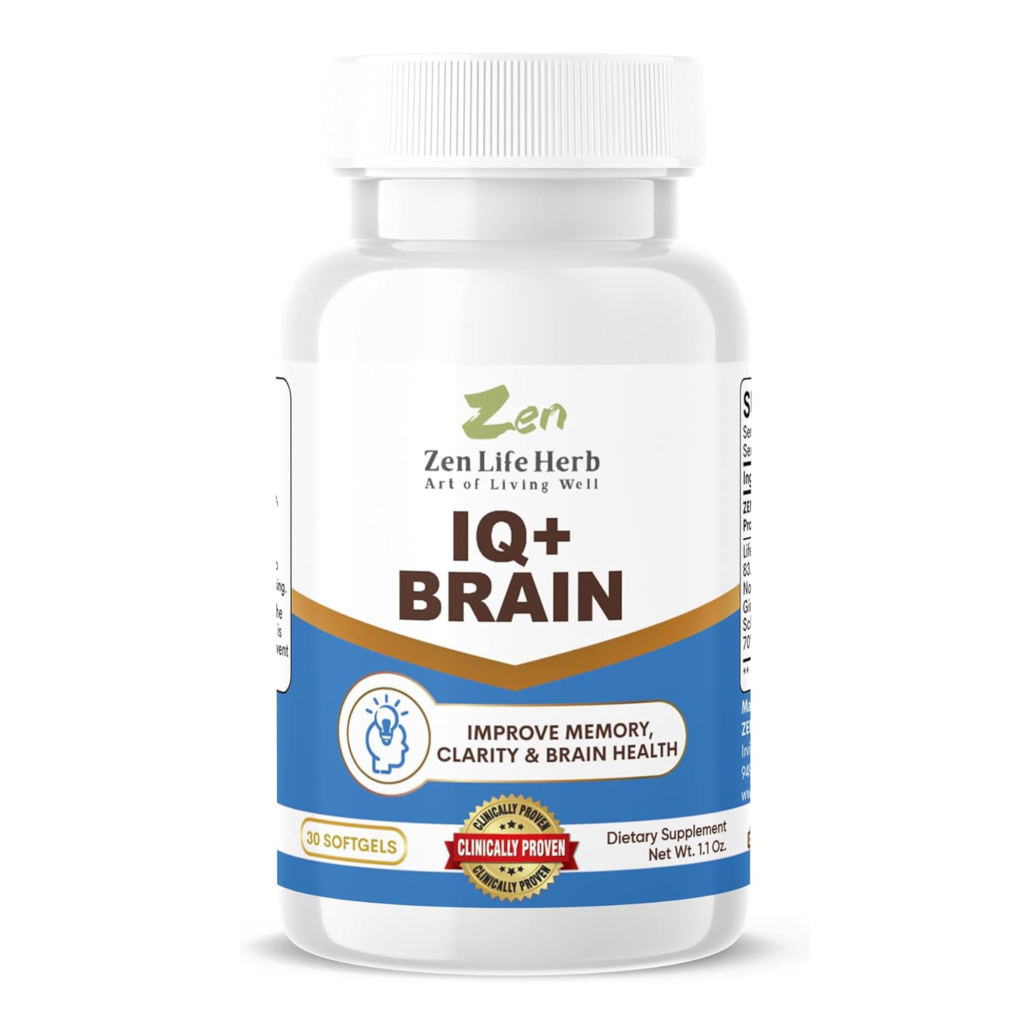 ZEN LIFE IQ+ Brain bottle with 30 softgels on white background
