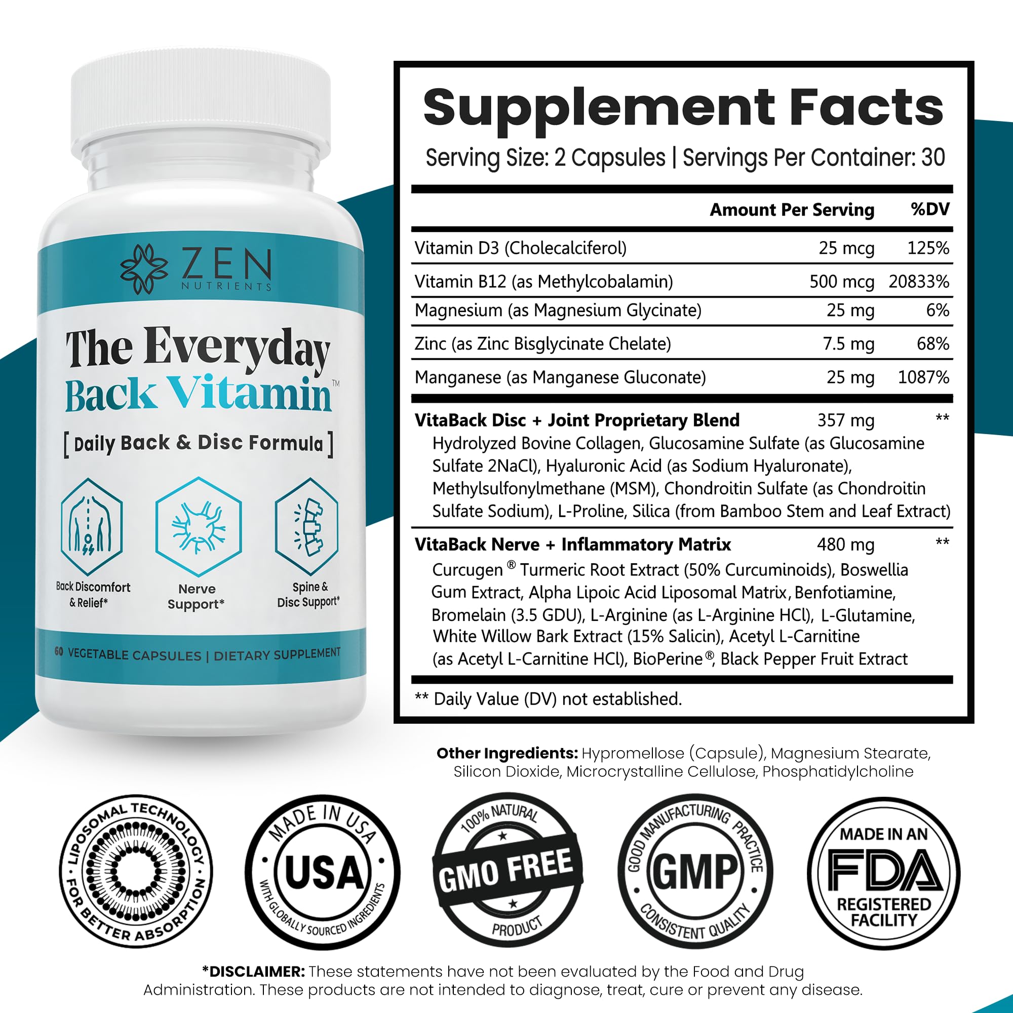 Close-up of Zen Nutrients Everyday Back Vitamin bottle label