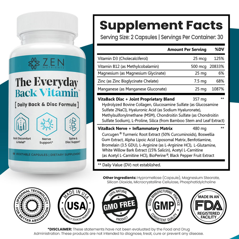 Close-up of Zen Nutrients Everyday Back Vitamin bottle label