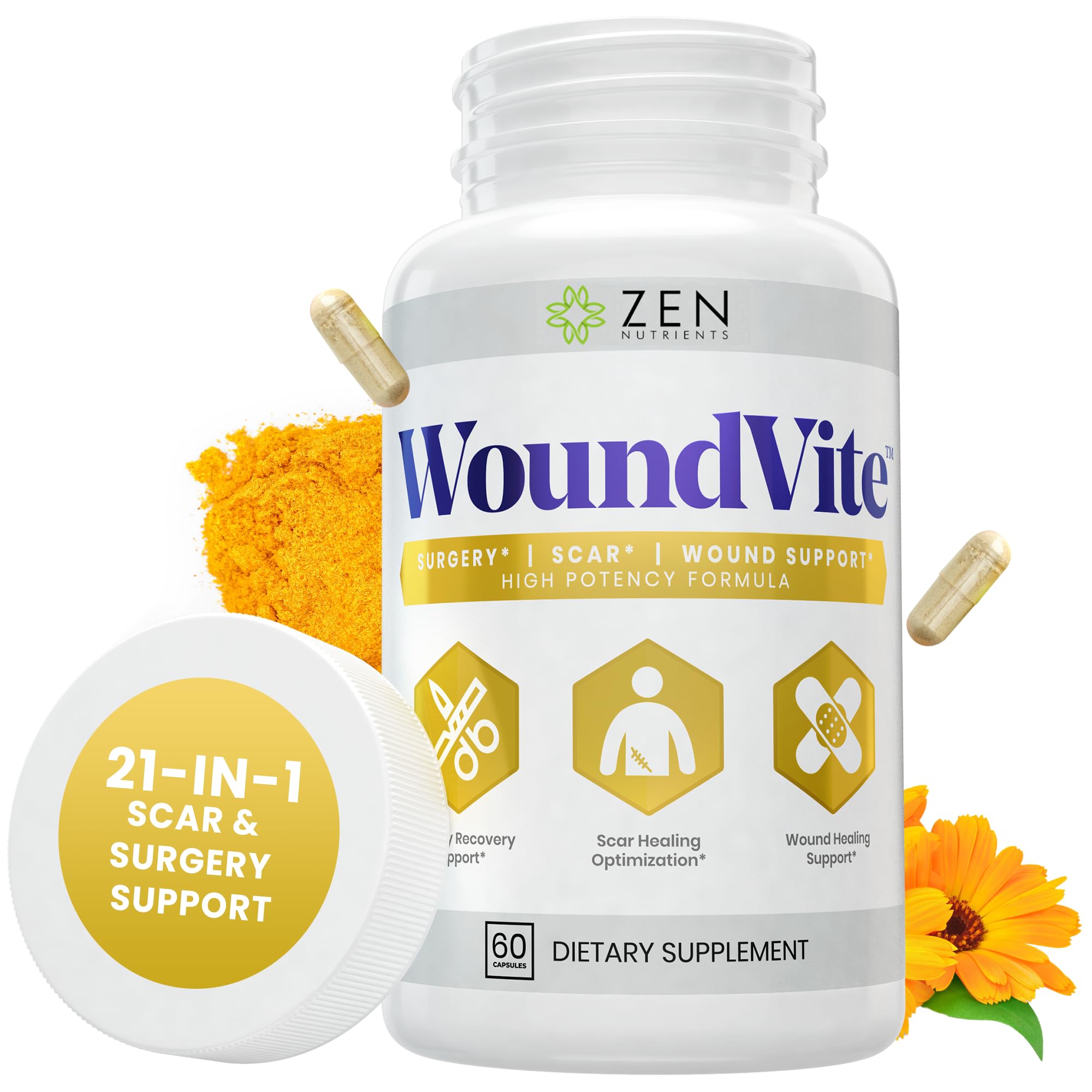 Zen Nutrients WoundVite bottle shows comprehensive healing support for recovery before and after surgery