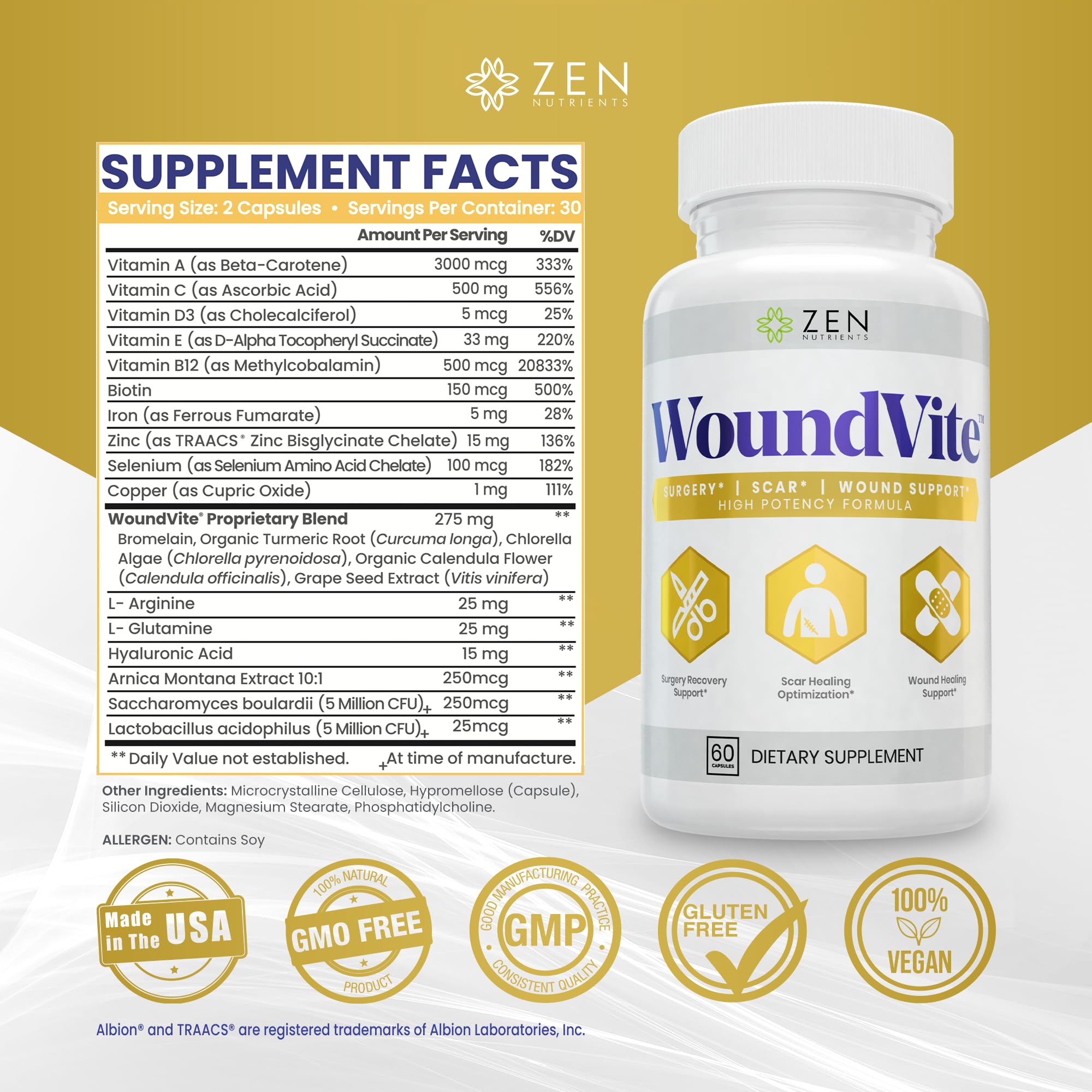 Zen Nutrients WoundVite label info emphasizes 21 targeted ingredients for comprehensive wound care