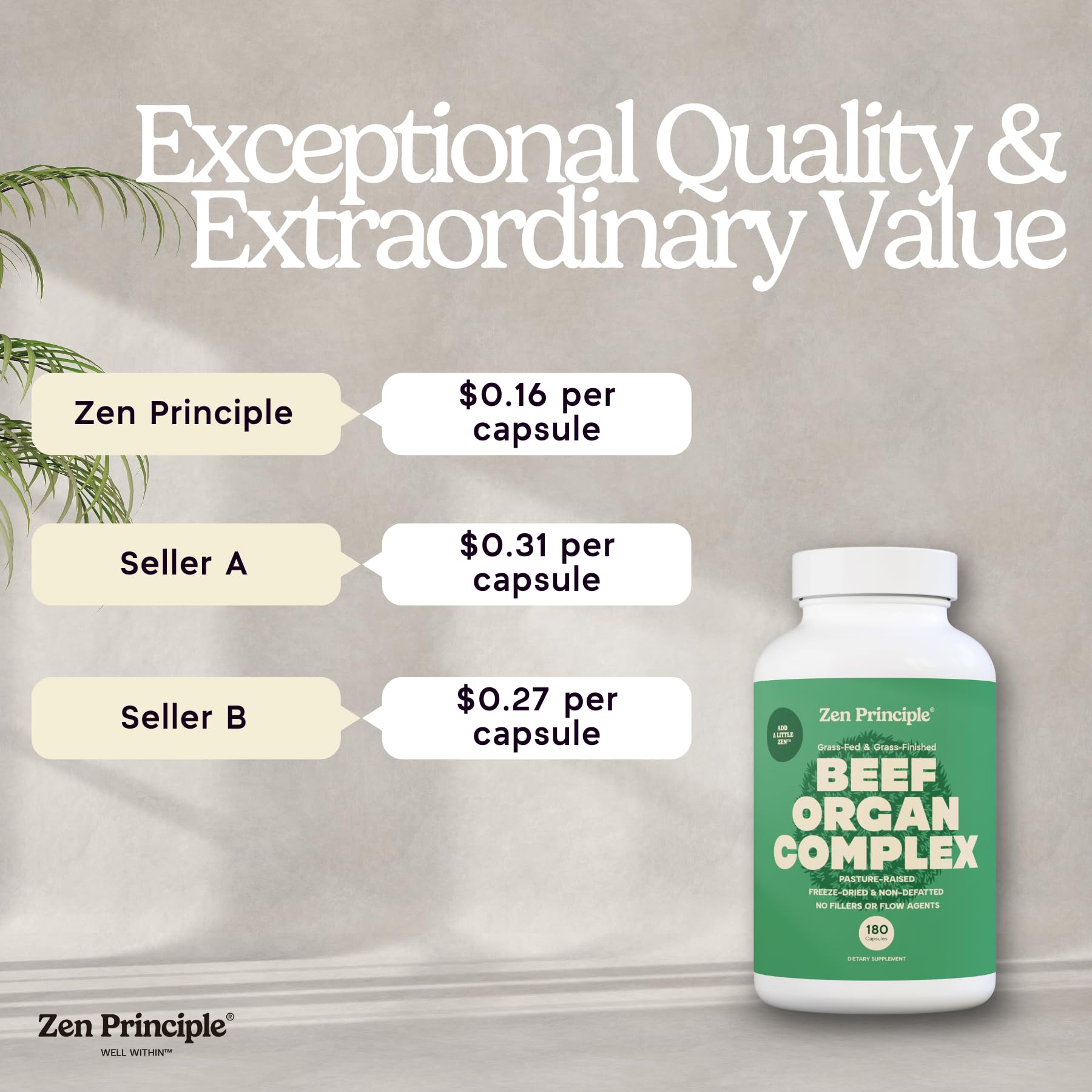 Zen Principle beef tripe capsules showcase a full organ blend for versatile nutrition.