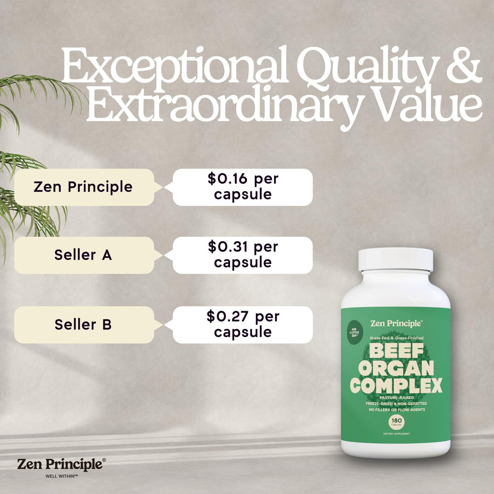 Zen Principle beef tripe capsules showcase a full organ blend for versatile nutrition.