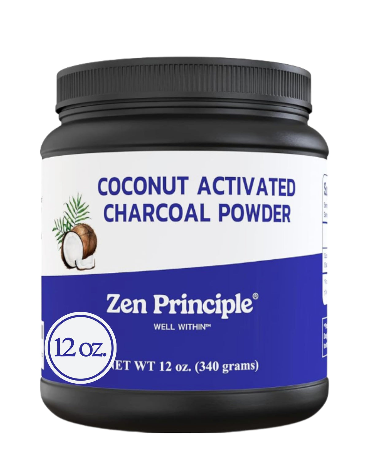 Zen Principle Coconut Activated Charcoal Powder bottle with scoop