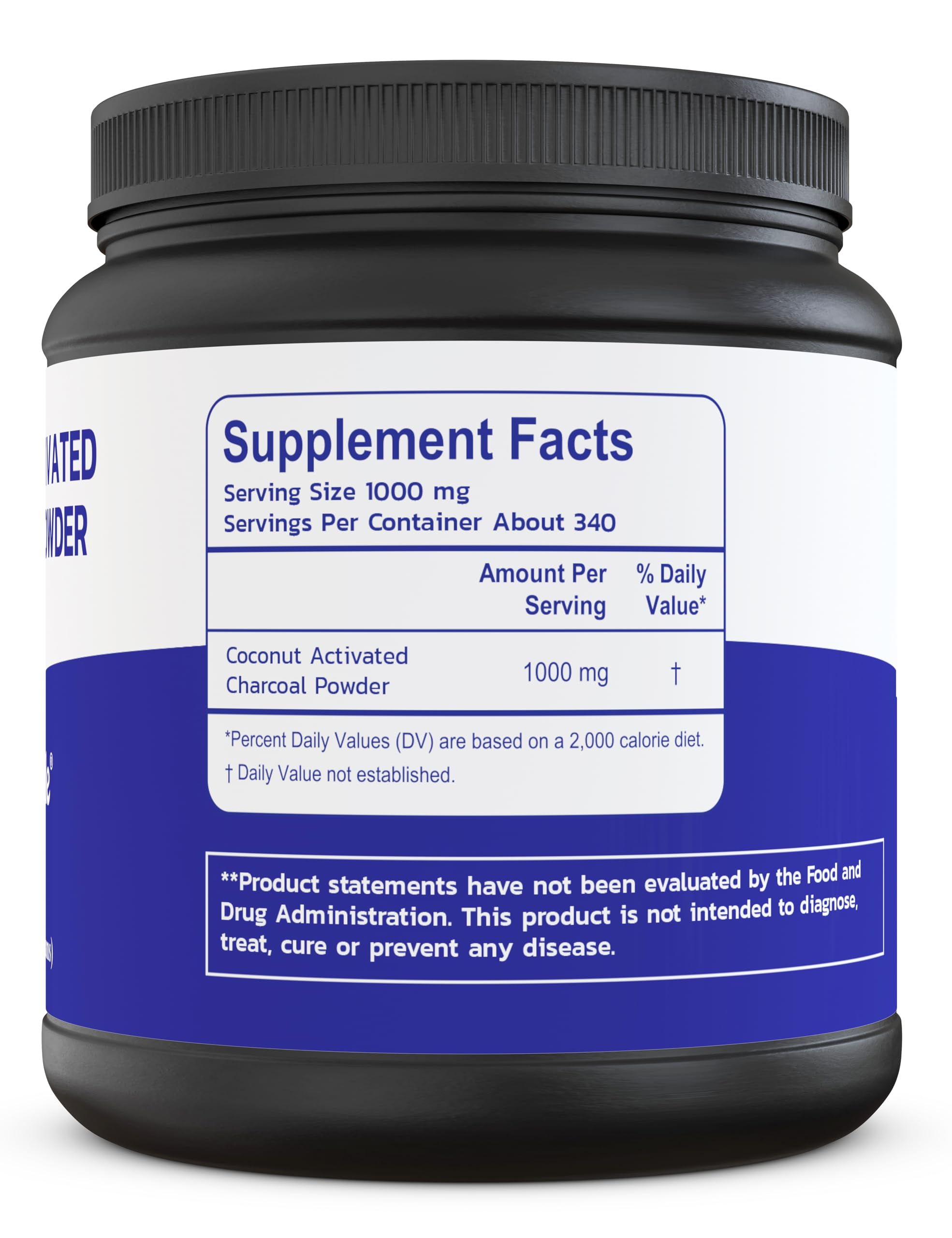Activated charcoal powder in glass jar