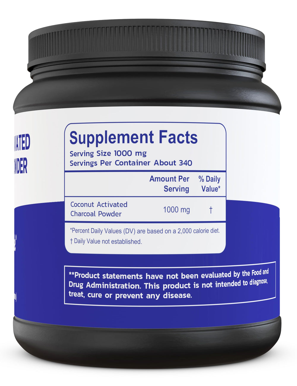 Activated charcoal powder in glass jar