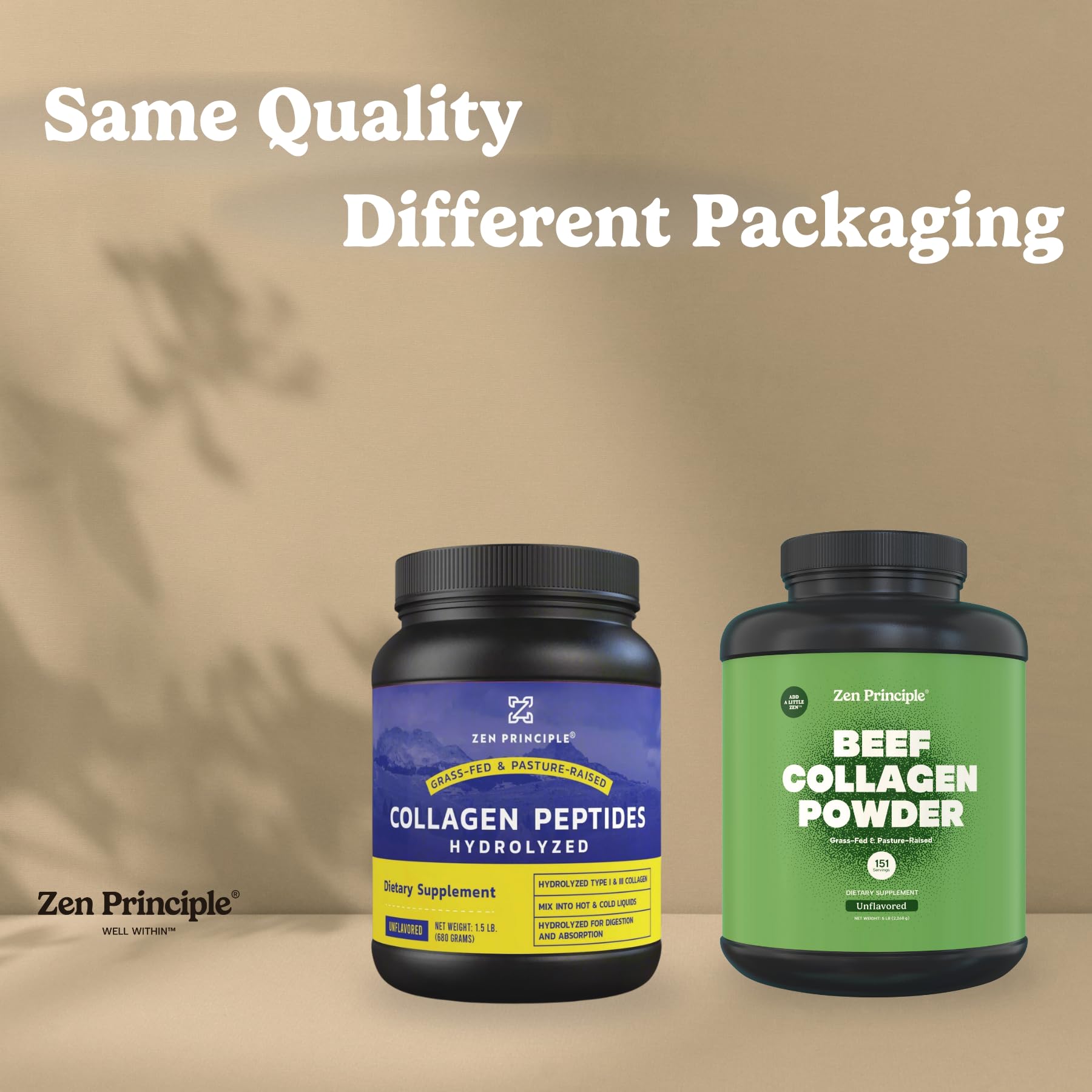 Zen Principle collagen peptides bottle close-up highlighting proprietary blend