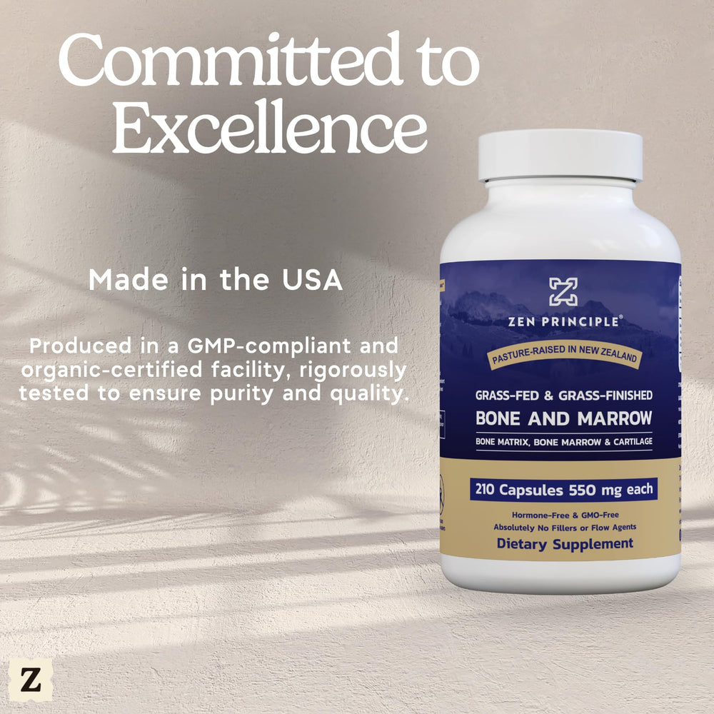 Back panel of Zen Principle bone marrow supplement bottle showing nutrition facts