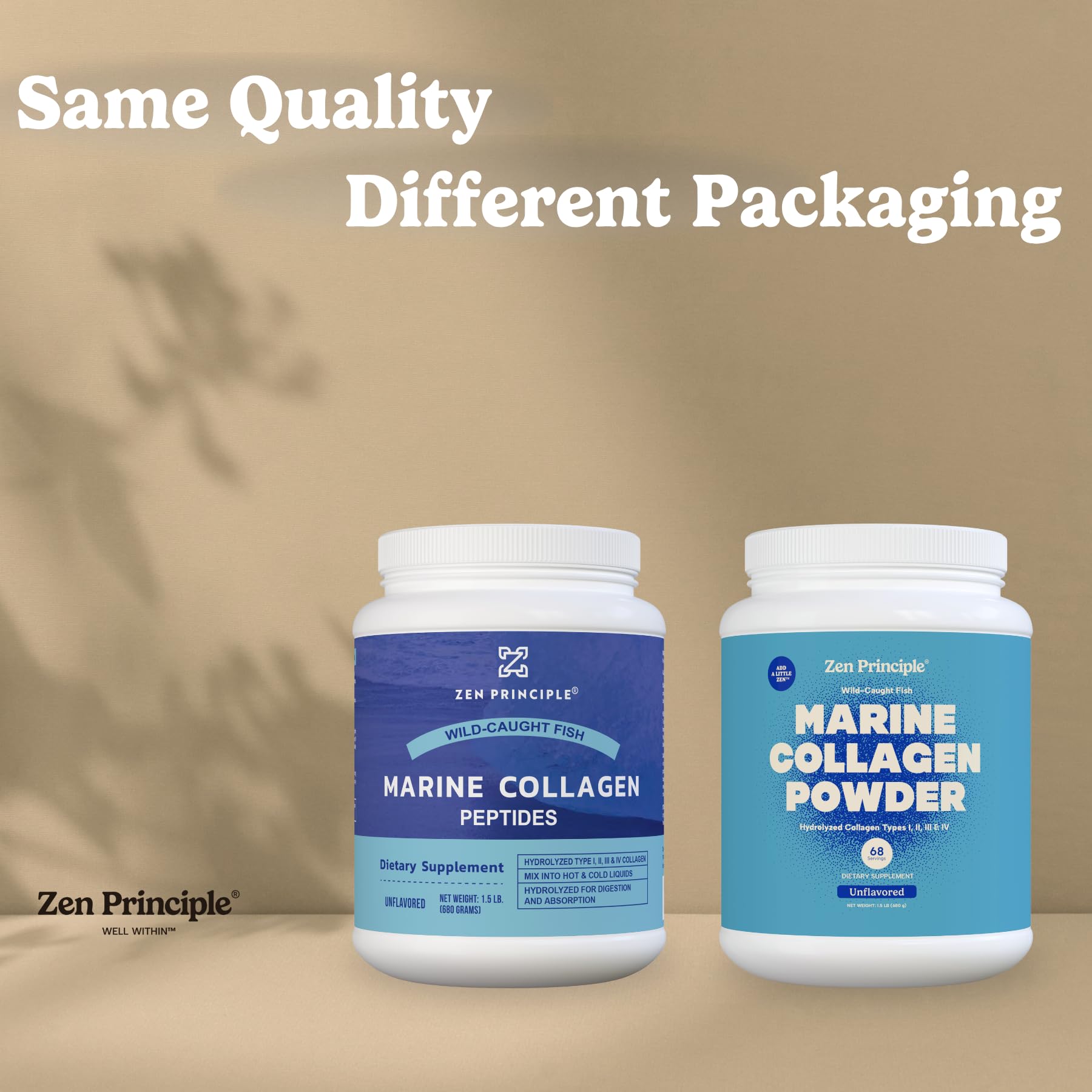 Zen Principle collagen scoop beside powder for easy measurement