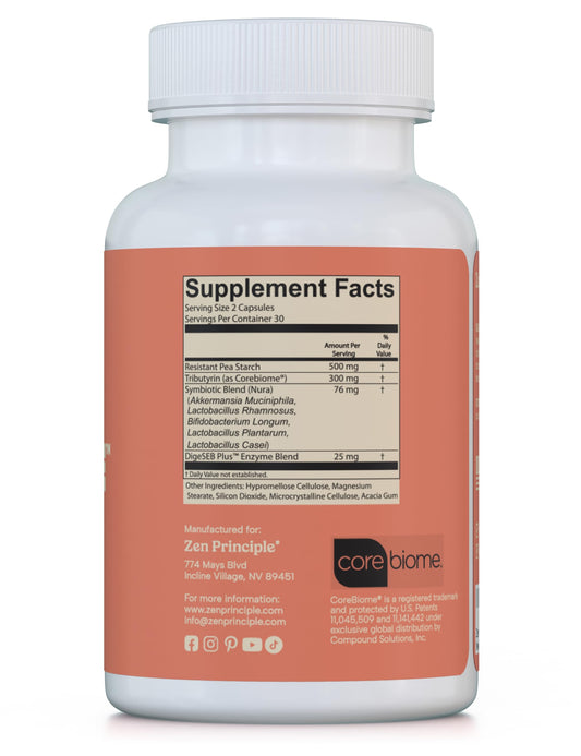 Capsules showing 4-in-1 synbiotic blend: probiotic, prebiotic, postbiotic, enzymes