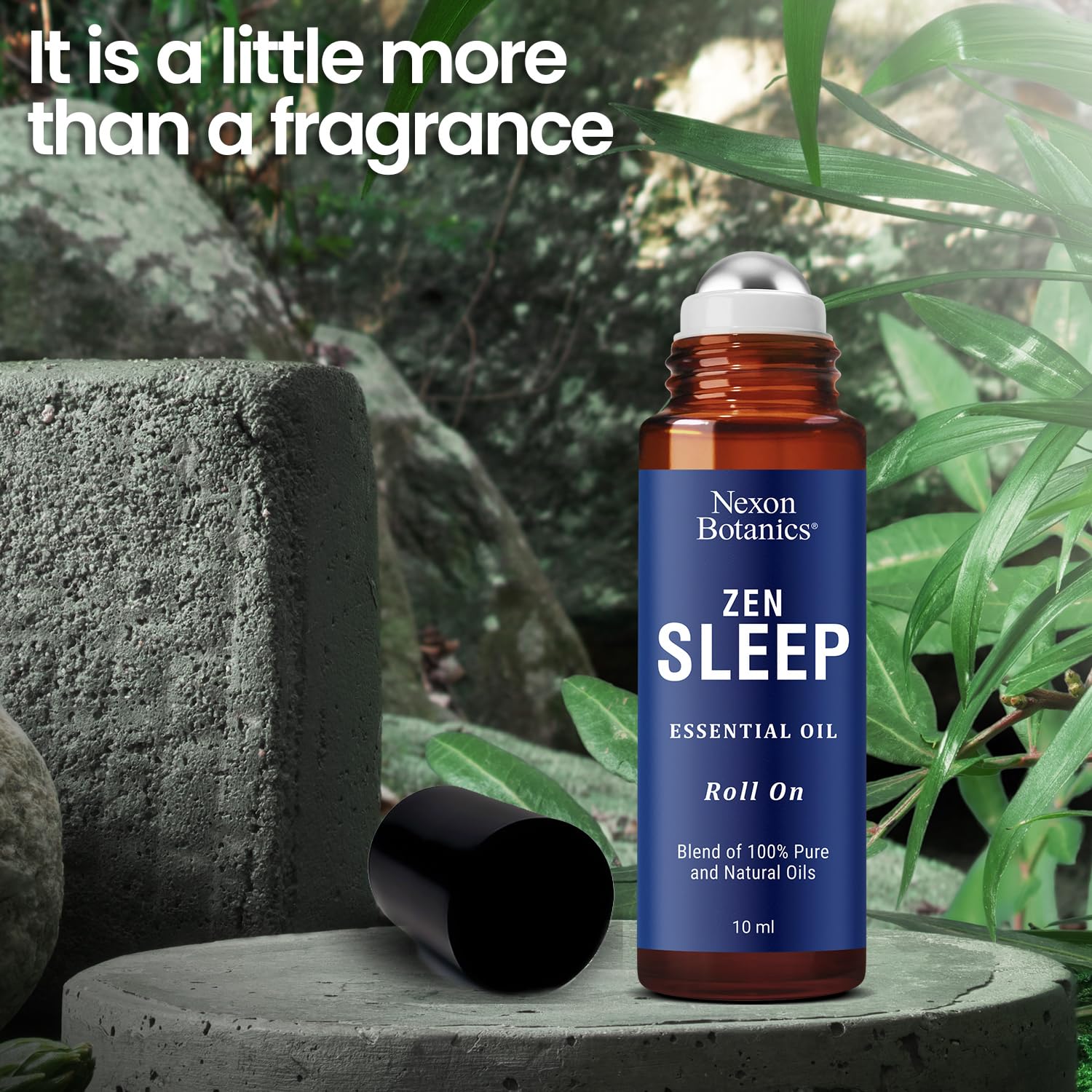 Relaxing spa-like scene with Zen Sleep Roll-On on a wooden surface