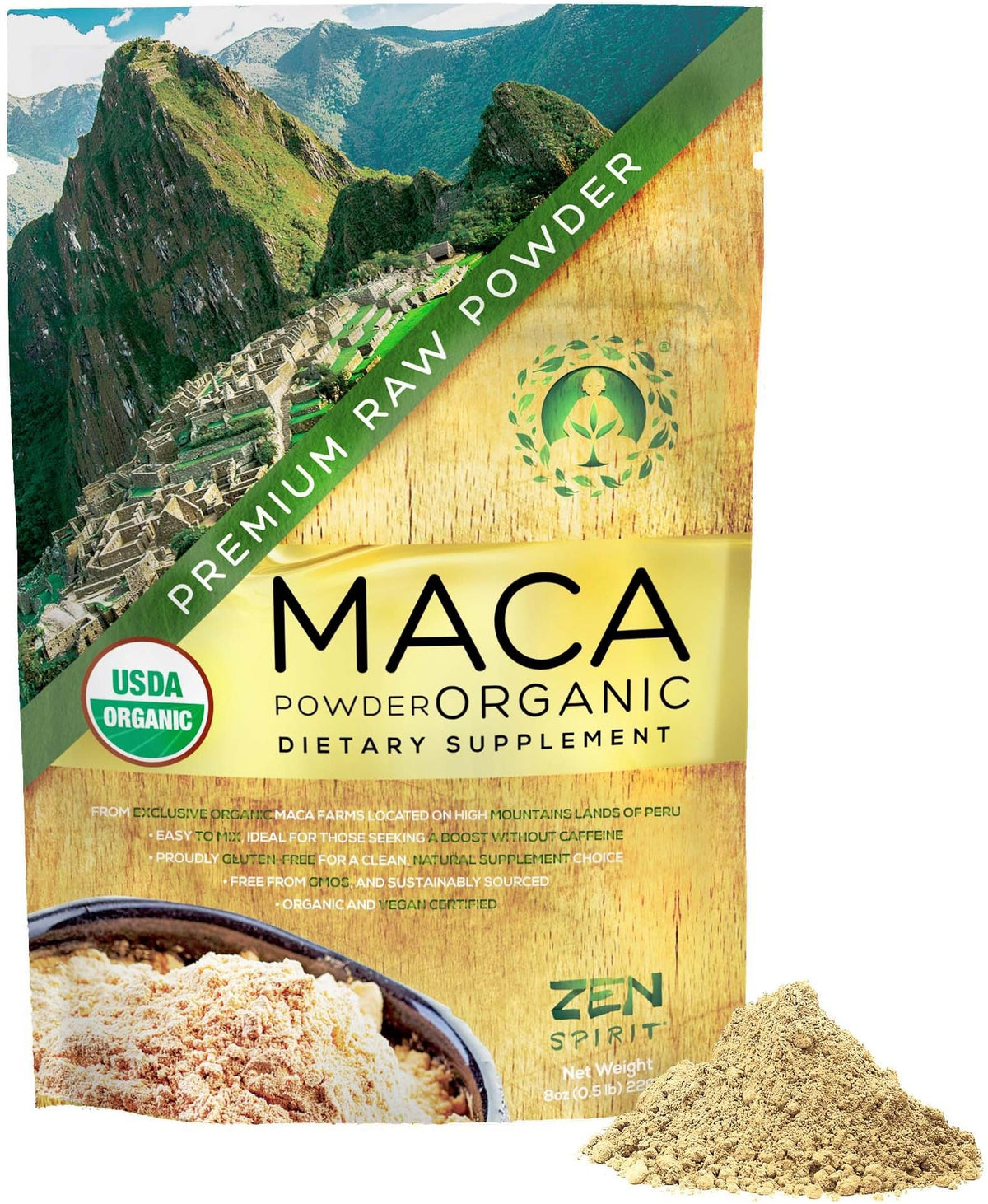 Front packaging of Zen Spirit Maca Root Powder Organic 8oz