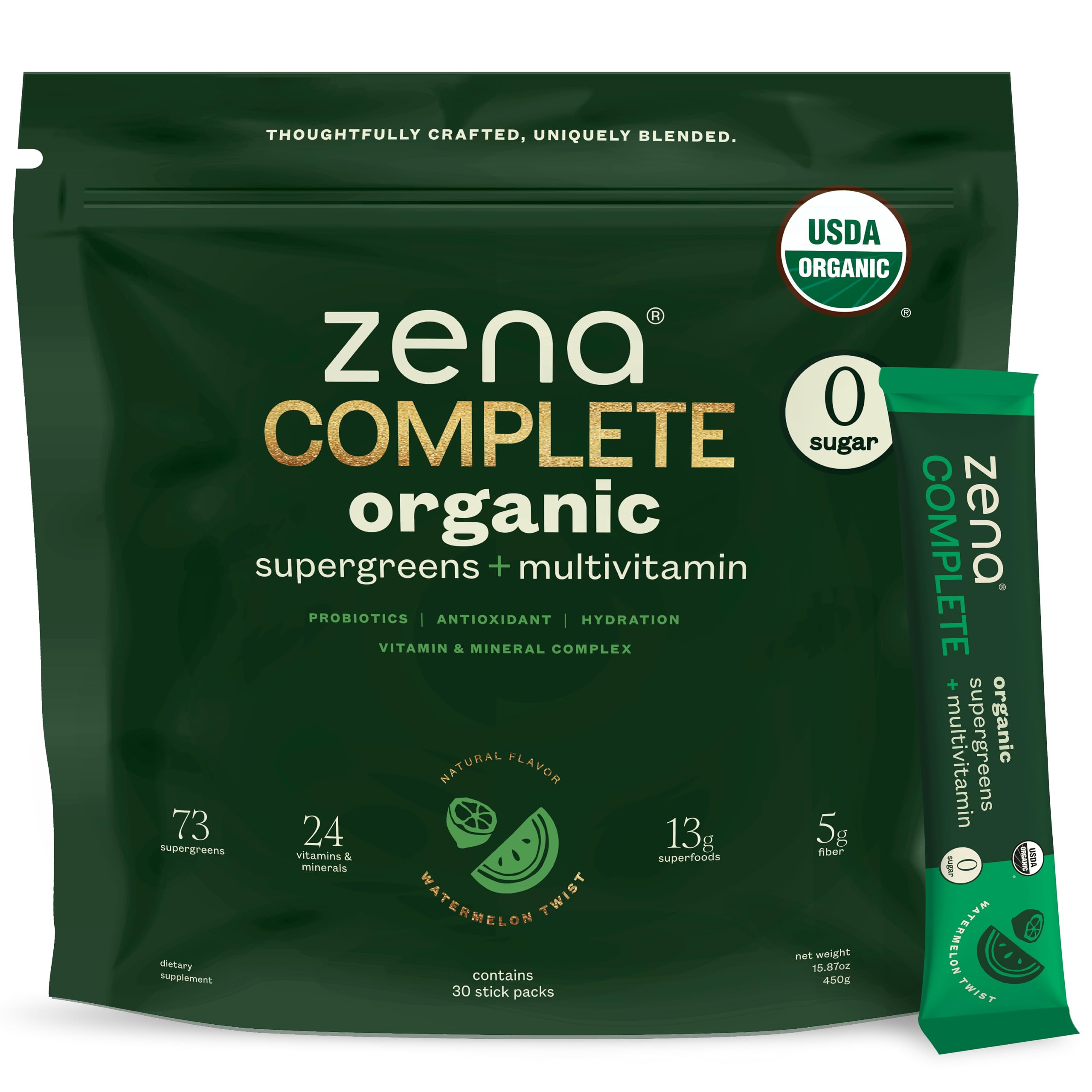 Zena Nutrition Complete Greens packet front showing organic greens for daily energy.