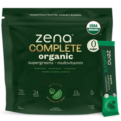 Zena Nutrition Complete Greens packet front showing organic greens for daily energy.