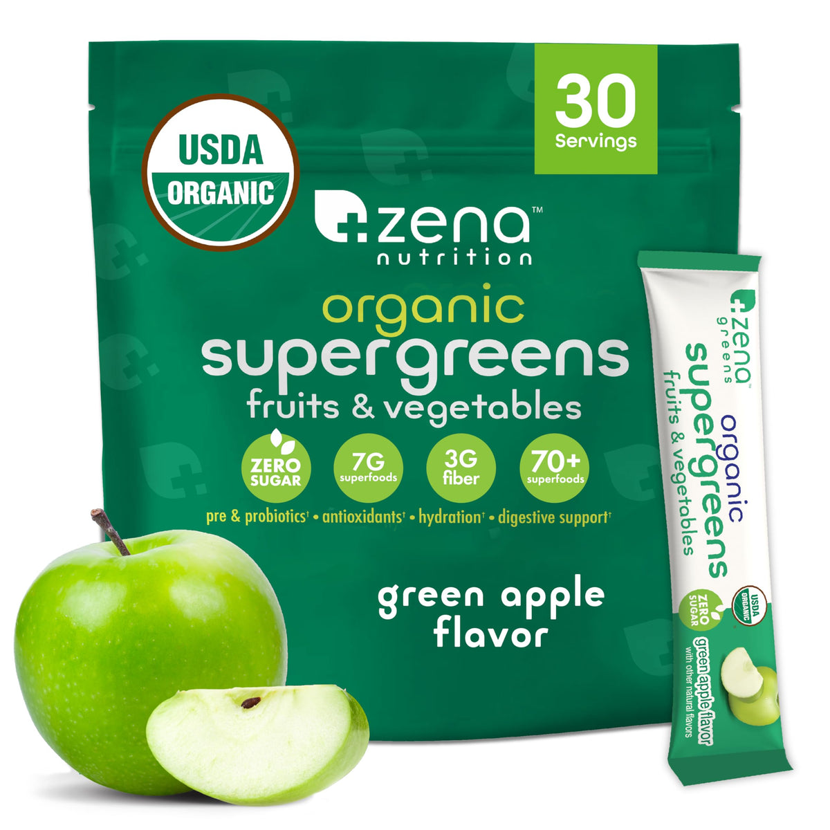 Zena Nutrition Organic Super Greens powder canister with 30 packets displayed
