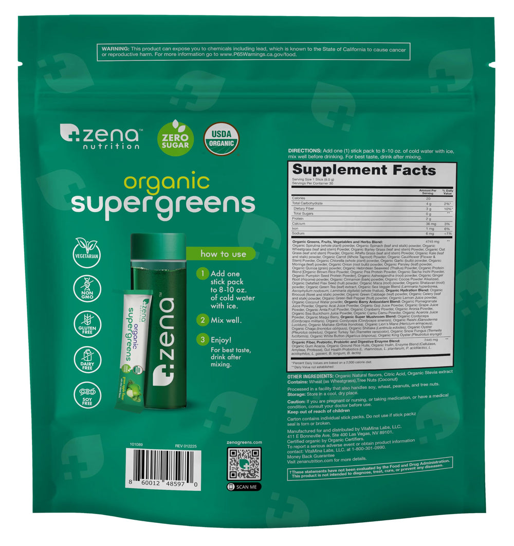 Zena Greens packets in gym bag for on-the-go nutrition