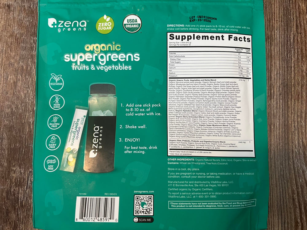 Nutrition facts and ingredients panel on Zena Greens label