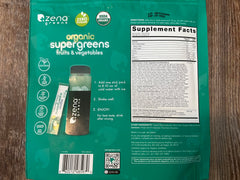 Nutrition facts and ingredients panel on Zena Greens label