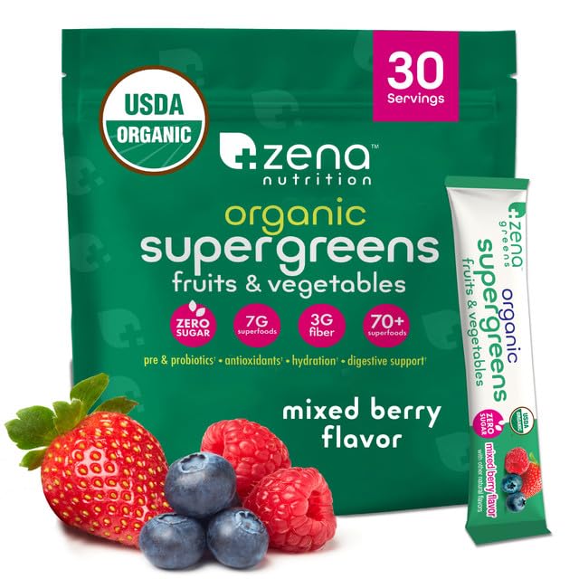 Hero image of Zena Nutrition Organic Super Greens Powder with 30-stick pack in Mixed Berry flavor