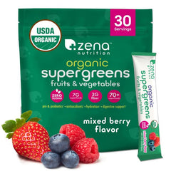 Hero image of Zena Nutrition Organic Super Greens Powder with 30-stick pack in Mixed Berry flavor