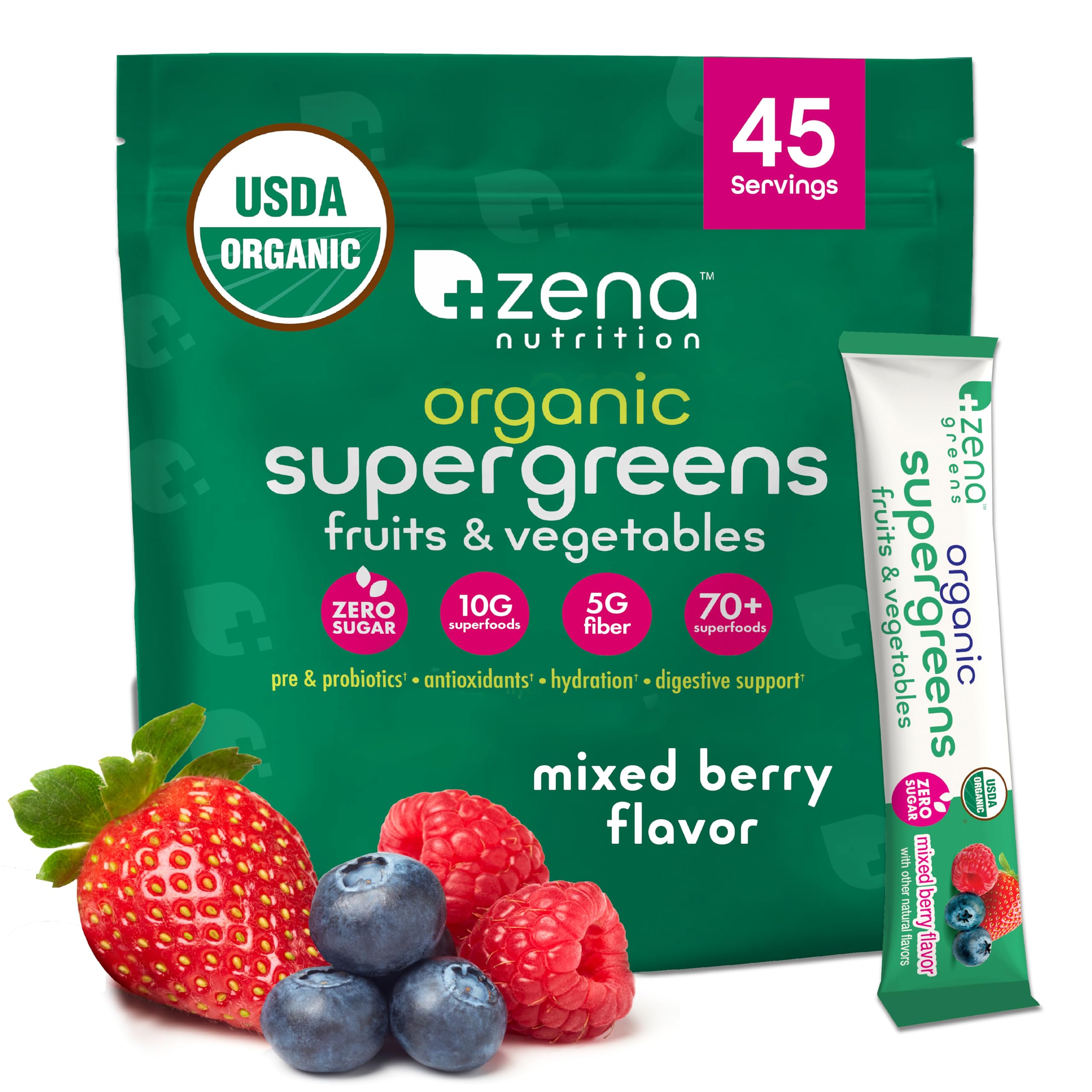 Zena Nutrition Organic Super Greens front label highlighting 70+ superfoods for daily nutrition.