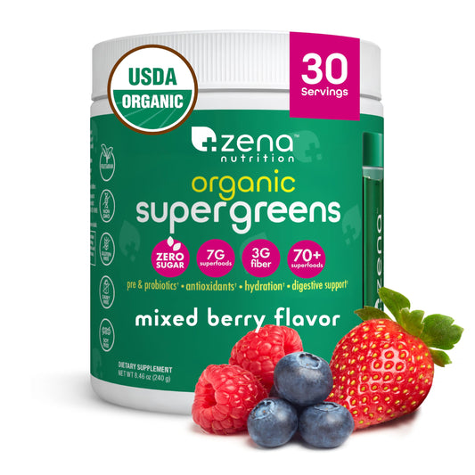 Front view of Zena Nutrition Organic Super Greens Powder jar