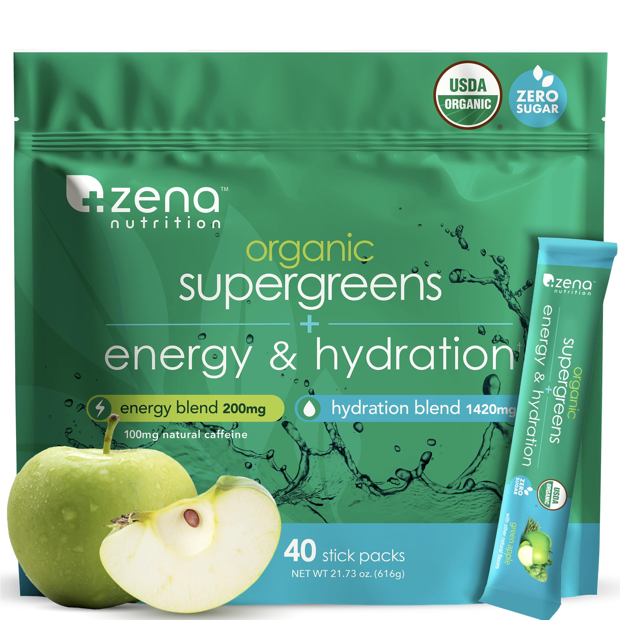 Zena Nutrition Organic Supergreens energy-hydration packets for on-the-go daily nourishment.