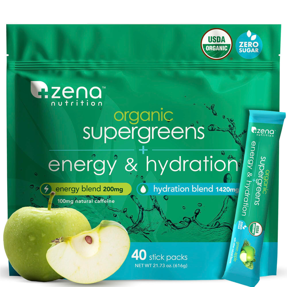Zena Nutrition Organic Supergreens energy-hydration packets for on-the-go daily nourishment.