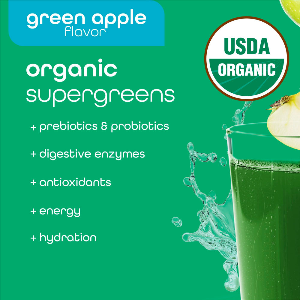 Zena Nutrition Organic Supergreens prepared drink glass showing a refreshing, zero-sugar greens beverage option.