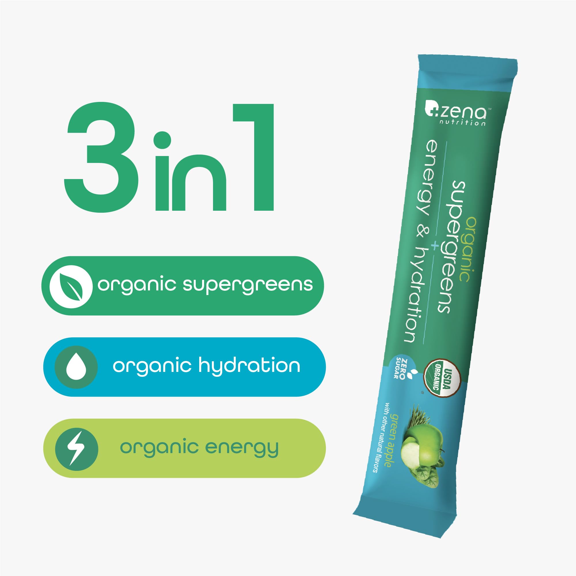 Zena Nutrition Organic Supergreens stick packet close-up highlighting convenient single-serve mix.