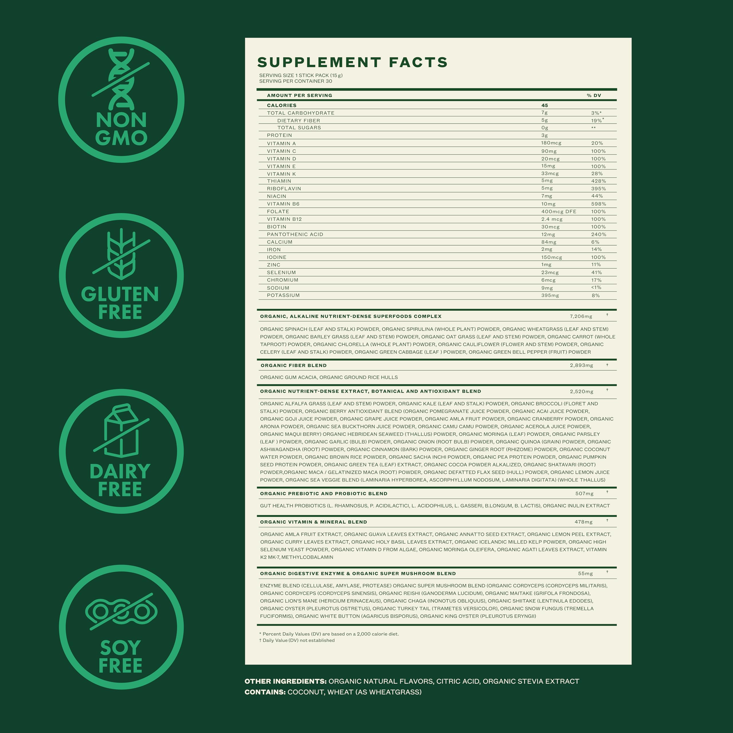Nutrition facts label for Zena Super Greens