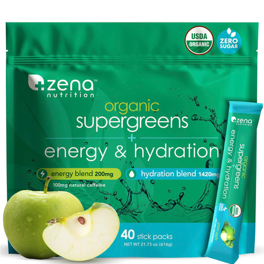 Front view of Zena Nutrition Organic Super Greens Energy & Hydration packaging