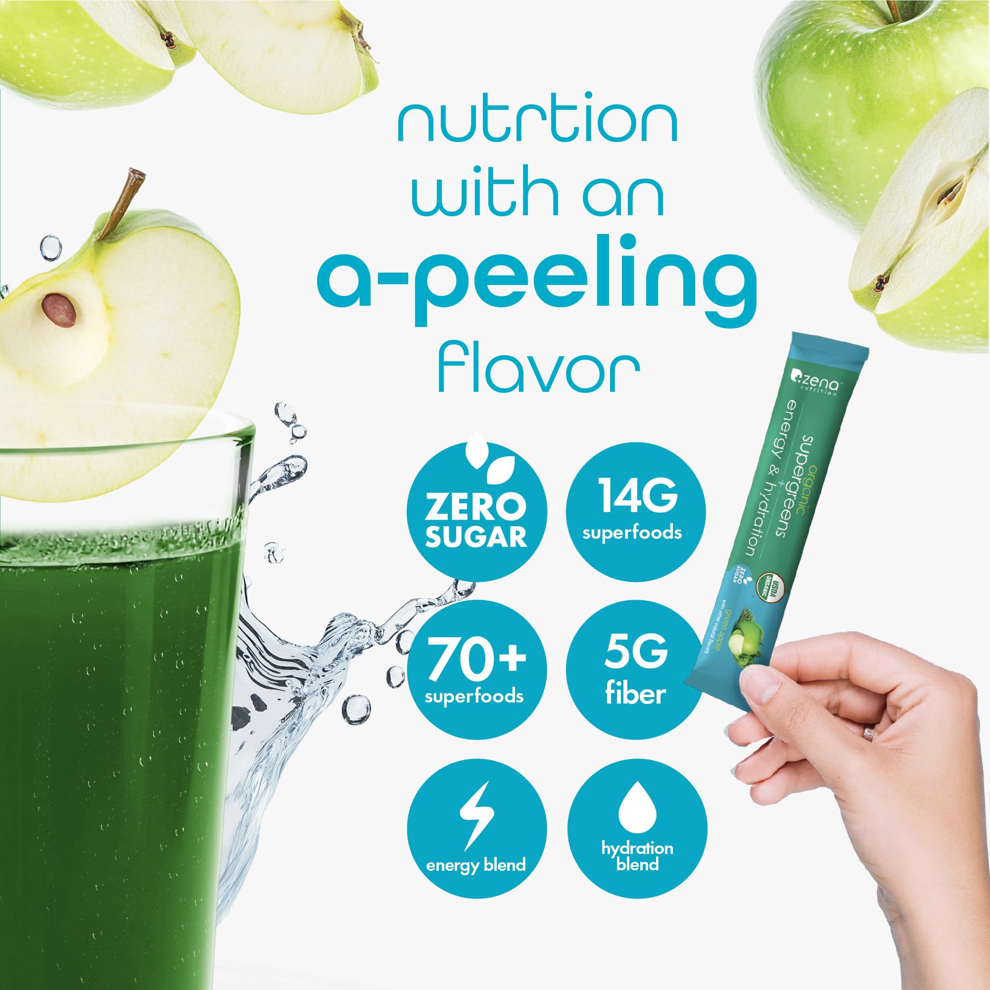 Blends and ingredients in Zena Organic Super Greens: greens, fruits, vegetables, herbs