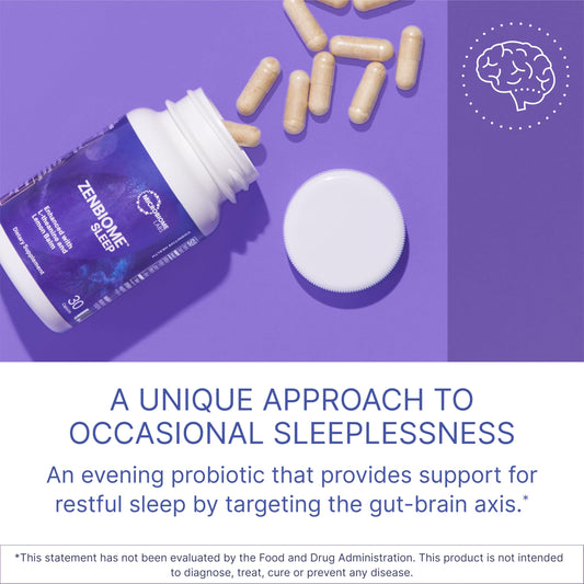 Illustration showing Zenbiome Sleep probiotic with L-Theanine and lemon balm