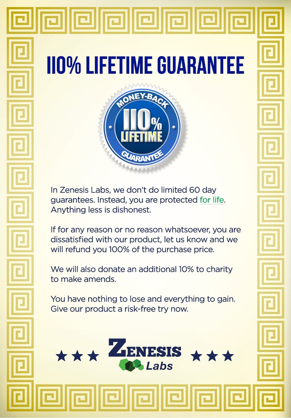 Lifetime guarantee icon and charity donation message on packaging
