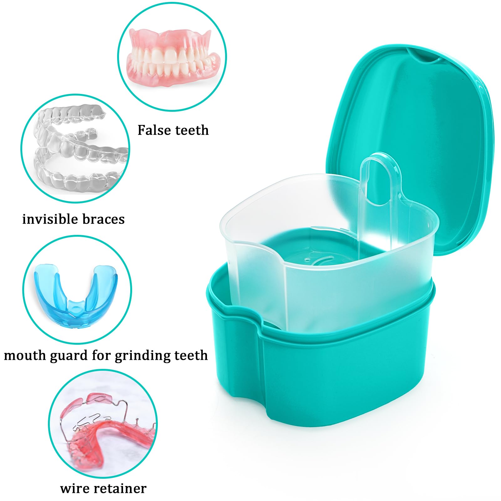 Denture case with strainer basket and soaking container